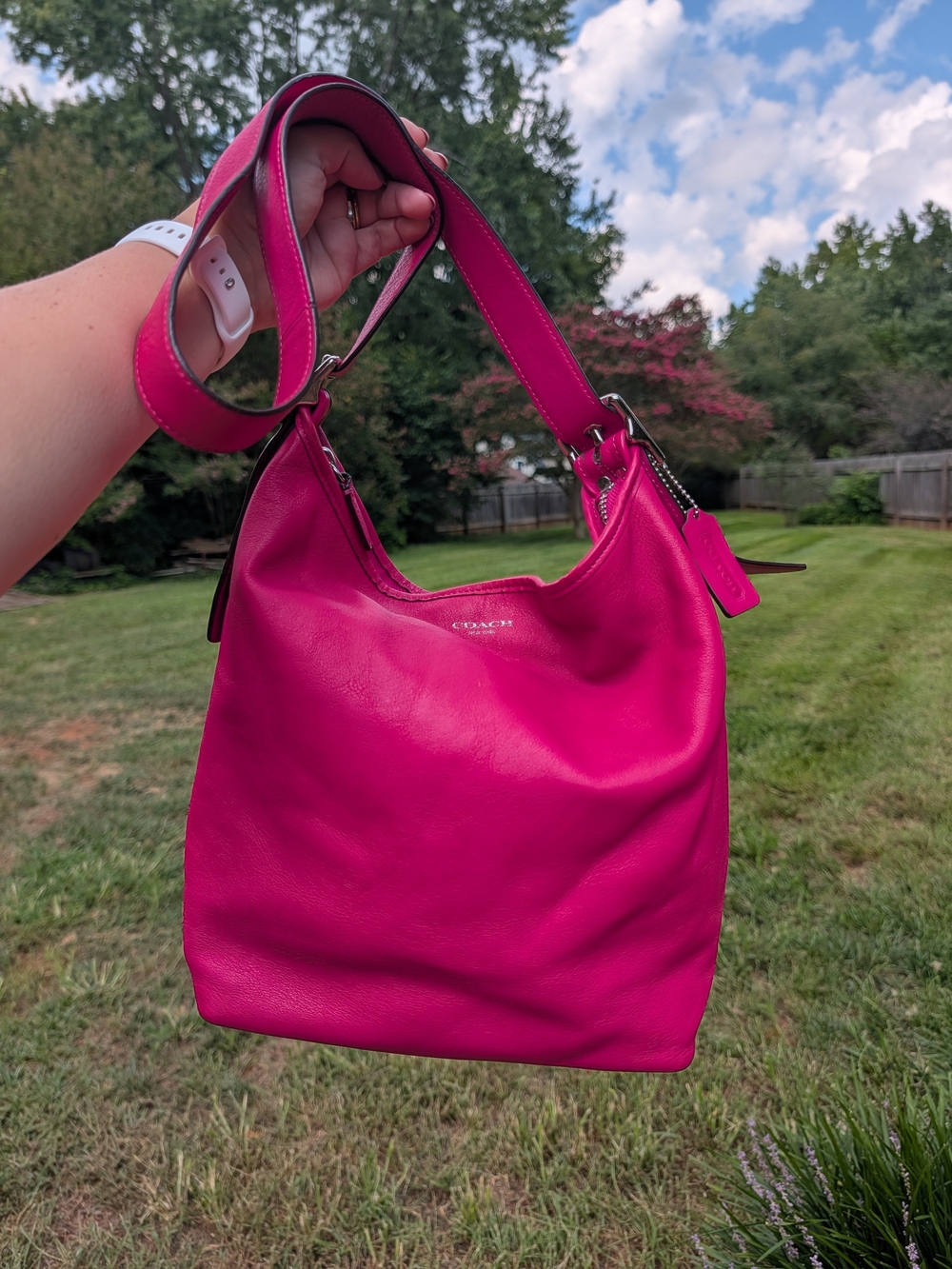 Coach hot pink leather duffle bucket bag